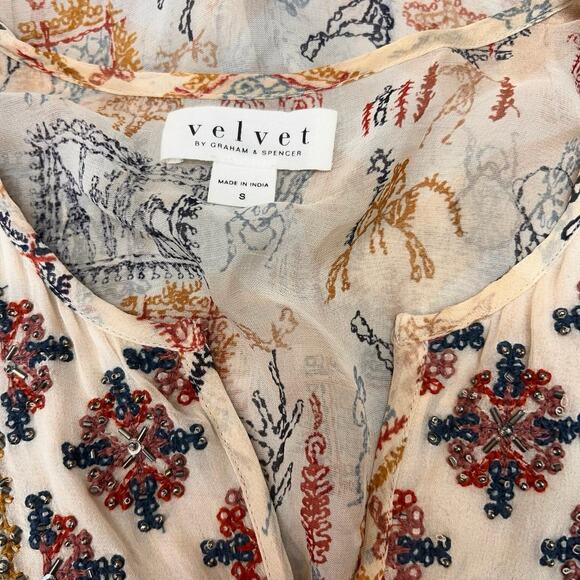 Velvet Graham Spencer Boho Embroidered Cap Sleeves Aztec Southwestern Top SZ S - Picture 3 of 4